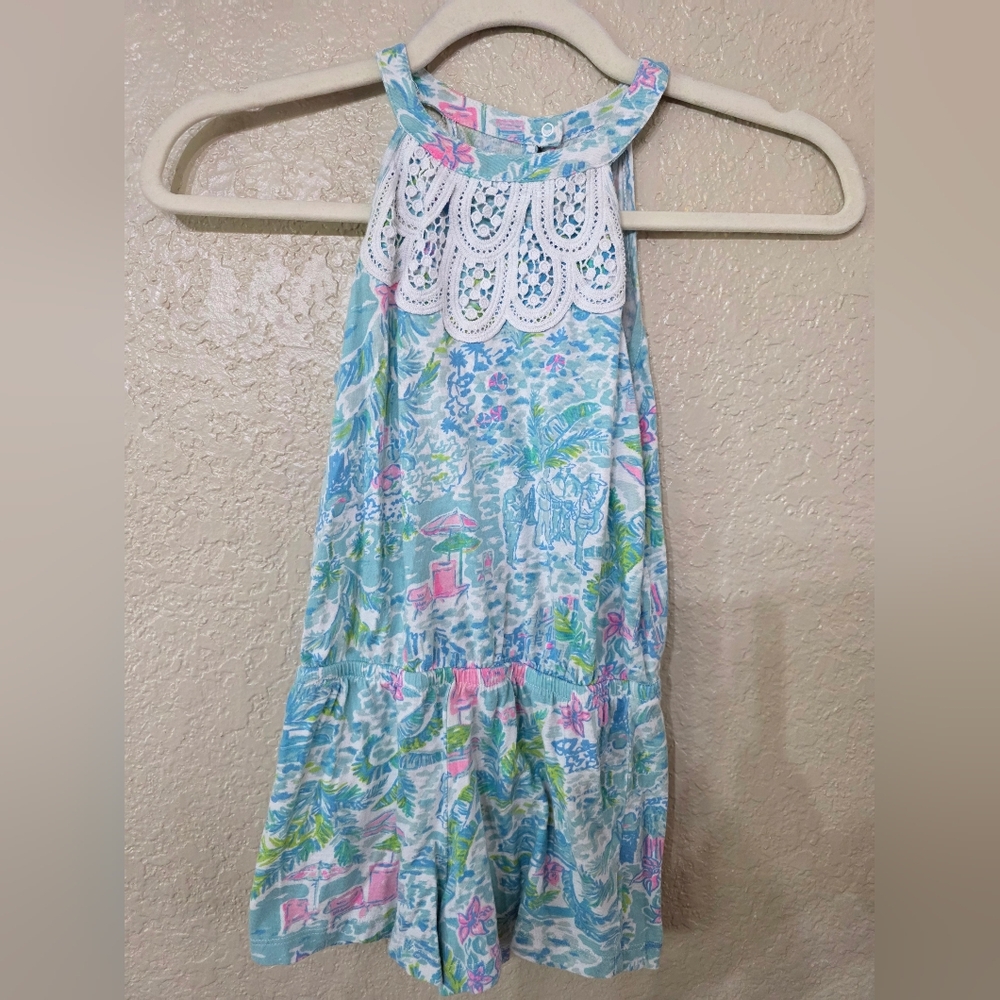 Lilly Pulitzer Girls Pink and Blue Floral Romper With Lace Detail